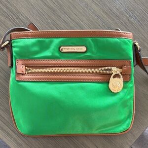 Michael Kors Green Crossbody with Brown Trim and Gold Hardware